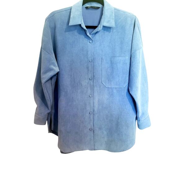 Zara Light Powder Blue Button Up Shirt Shacket Size Small Corduroy - Picture 2 of 8